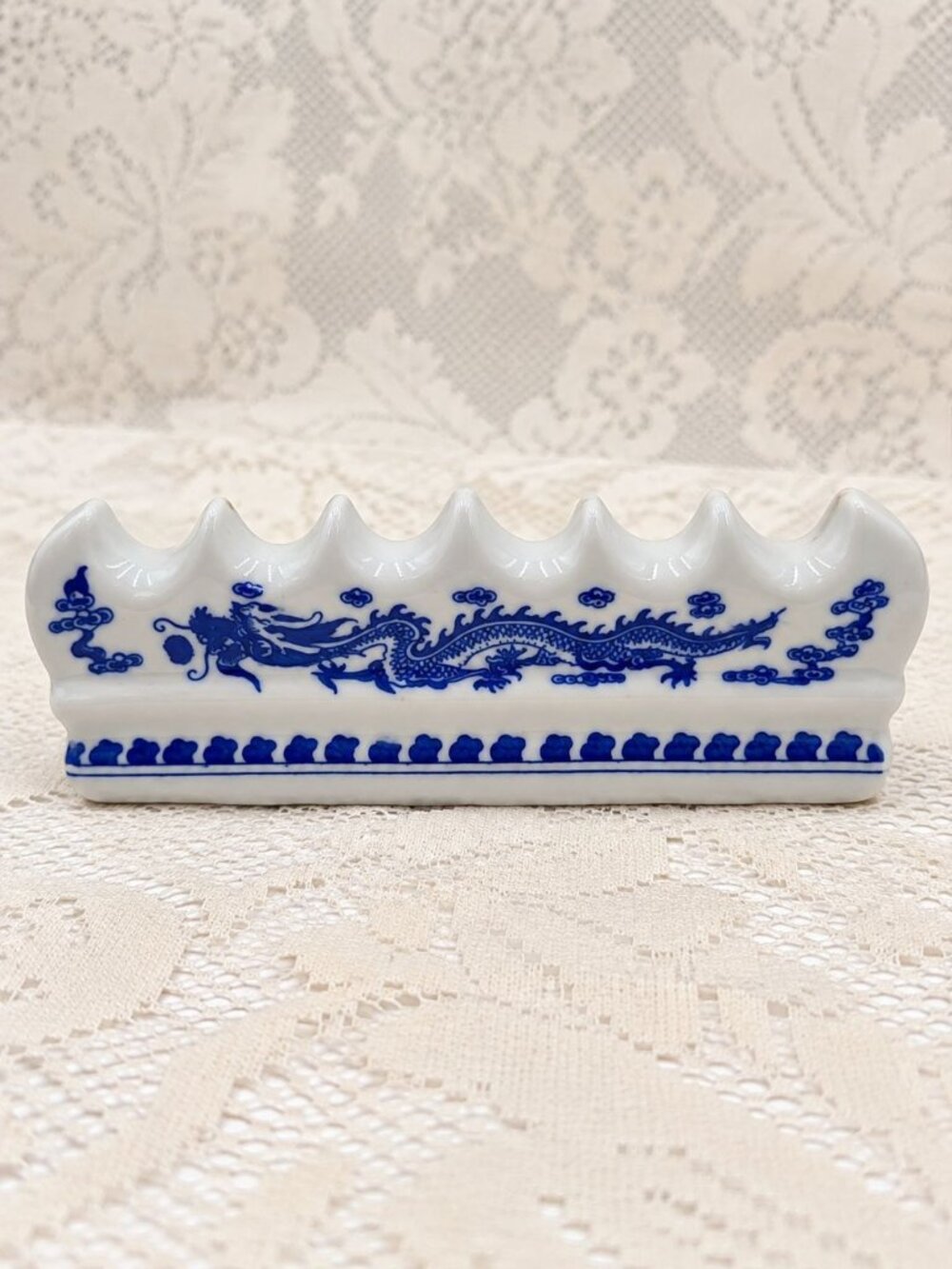 Blue & White Porcelain Dragon Design Brush Rest 6 Slots Chinese Calligraphy